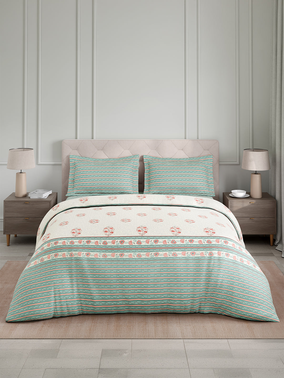 Royal Essence 100% Cotton King Bedsheet with 2 Pillow Covers | 400 TC Green Floral Digitally Printed Bedsheet Set