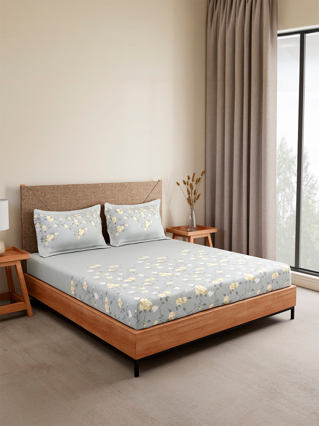 Monarch Grand 100% Cotton King Bedsheet with 2 Pillow Covers | Grey Floral Bedsheet Set
