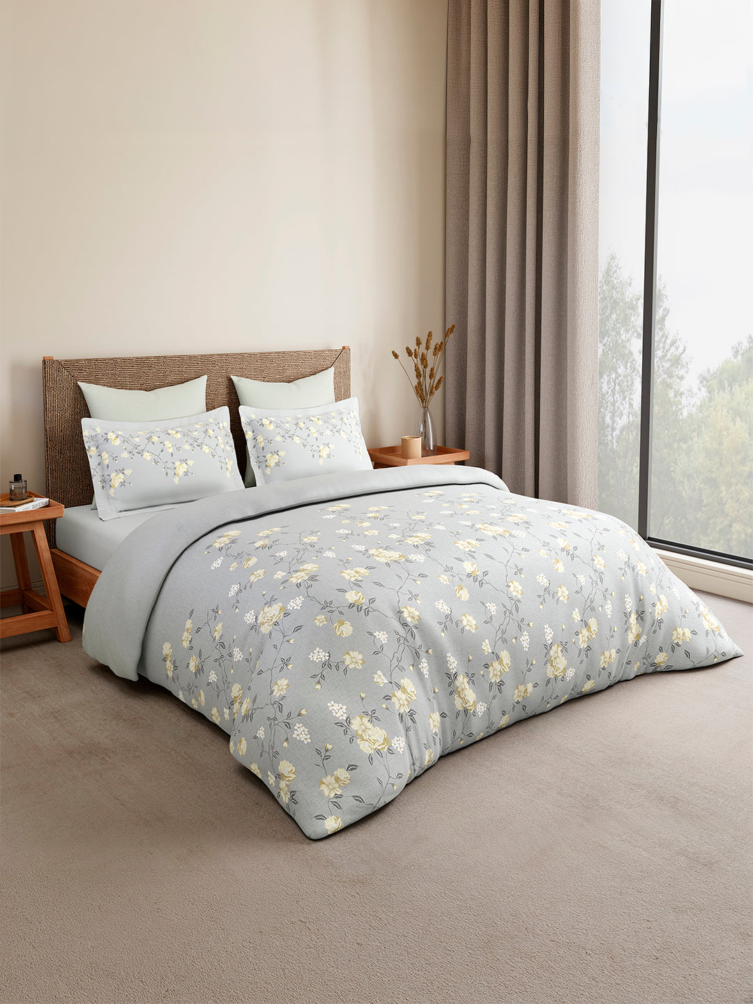 Monarch Grand 100% Cotton King Bedsheet with 2 Pillow Covers | Grey Floral Bedsheet Set