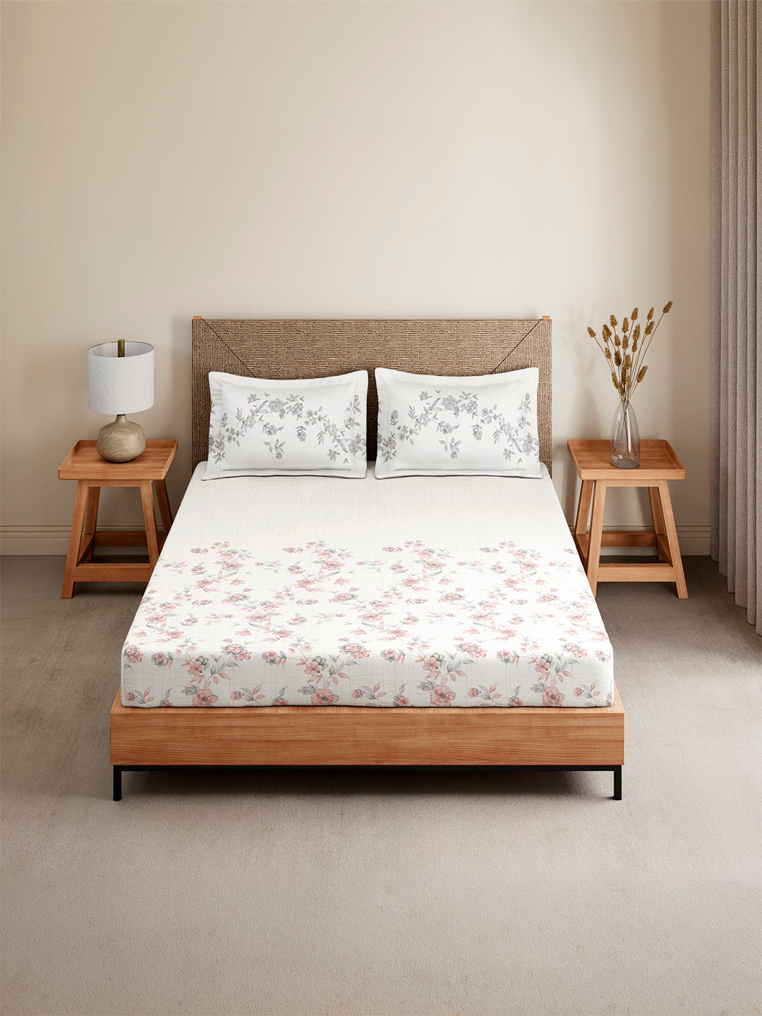 Monarch Grand 100% Cotton King Bedsheet with 2 Pillow Covers | White Floral Bedsheet Set