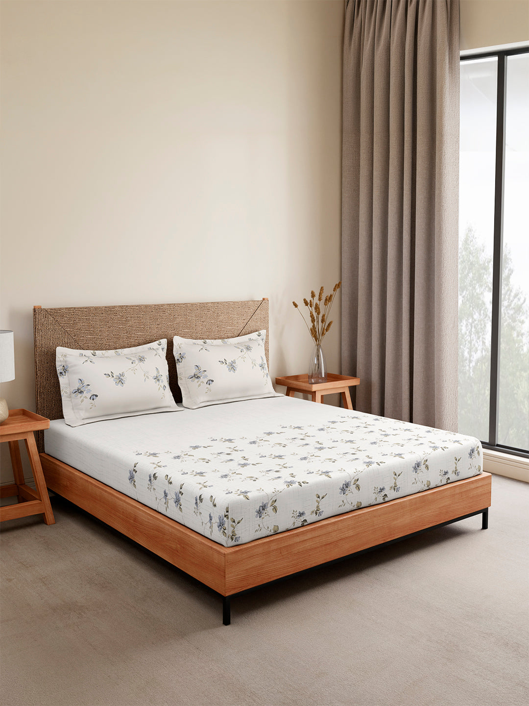 Monarch Grand 100% Cotton King Bedsheet with 2 Pillow Covers | White Floral Bedsheet Set
