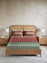 Embrace 100% Cotton King Bedsheet with 2 Pillow Covers | Red & Green Ethnic Print Bedsheet Set