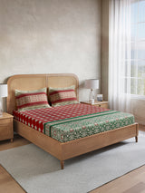 Embrace 100% Cotton King Bedsheet with 2 Pillow Covers | Red & Green Ethnic Print Bedsheet Set