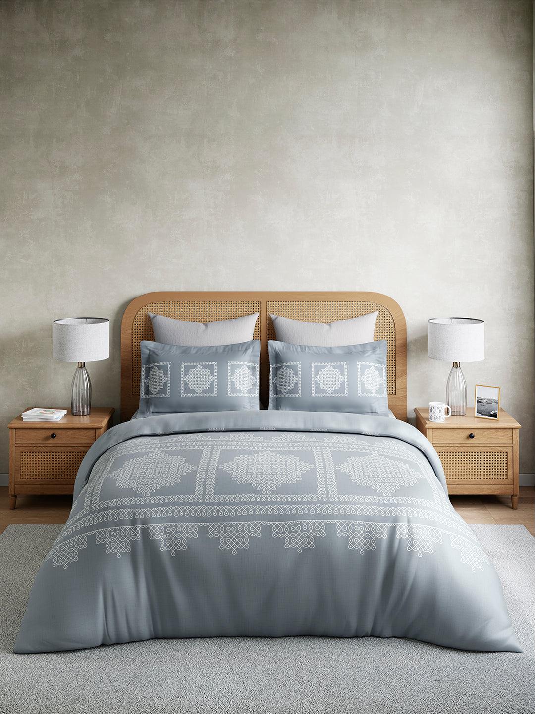 Embrace 100% Cotton King Bedsheet with 2 Pillow Covers | Grey Ethnic Print Bedsheet Set