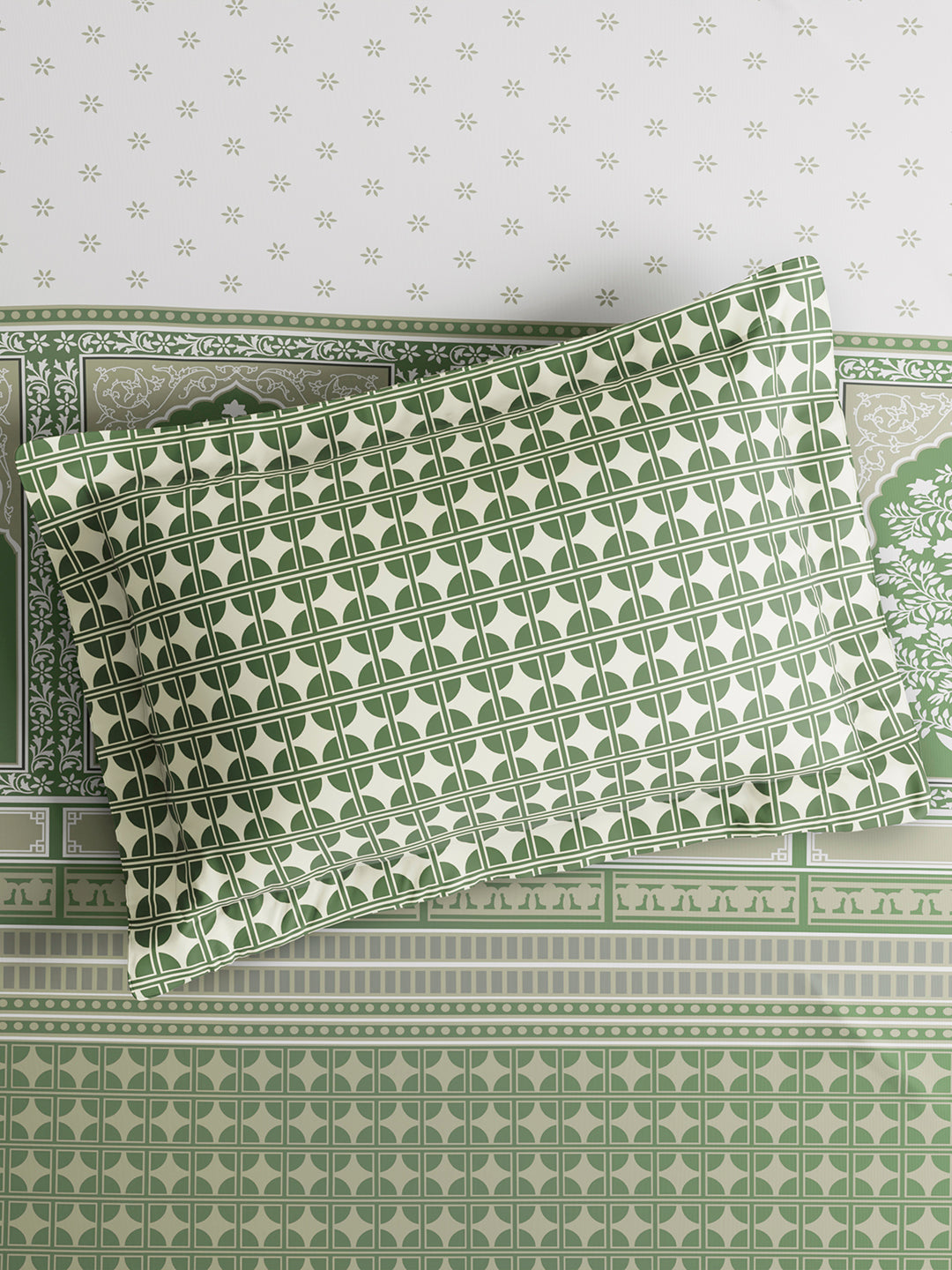 Embrace 100% Cotton King Bedsheet with 2 Pillow Covers | Green Ethnic Print Bedsheet Set