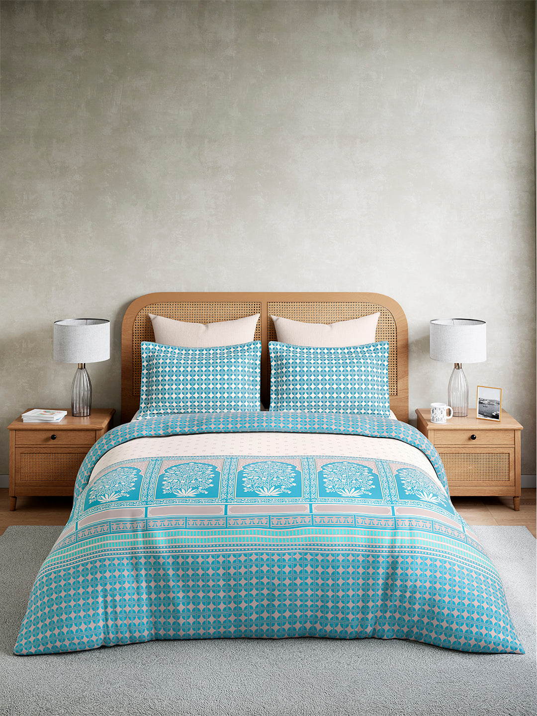 Embrace 100% Cotton King Bedsheet with 2 Pillow Covers | Blue Ethnic Print Bedsheet Set