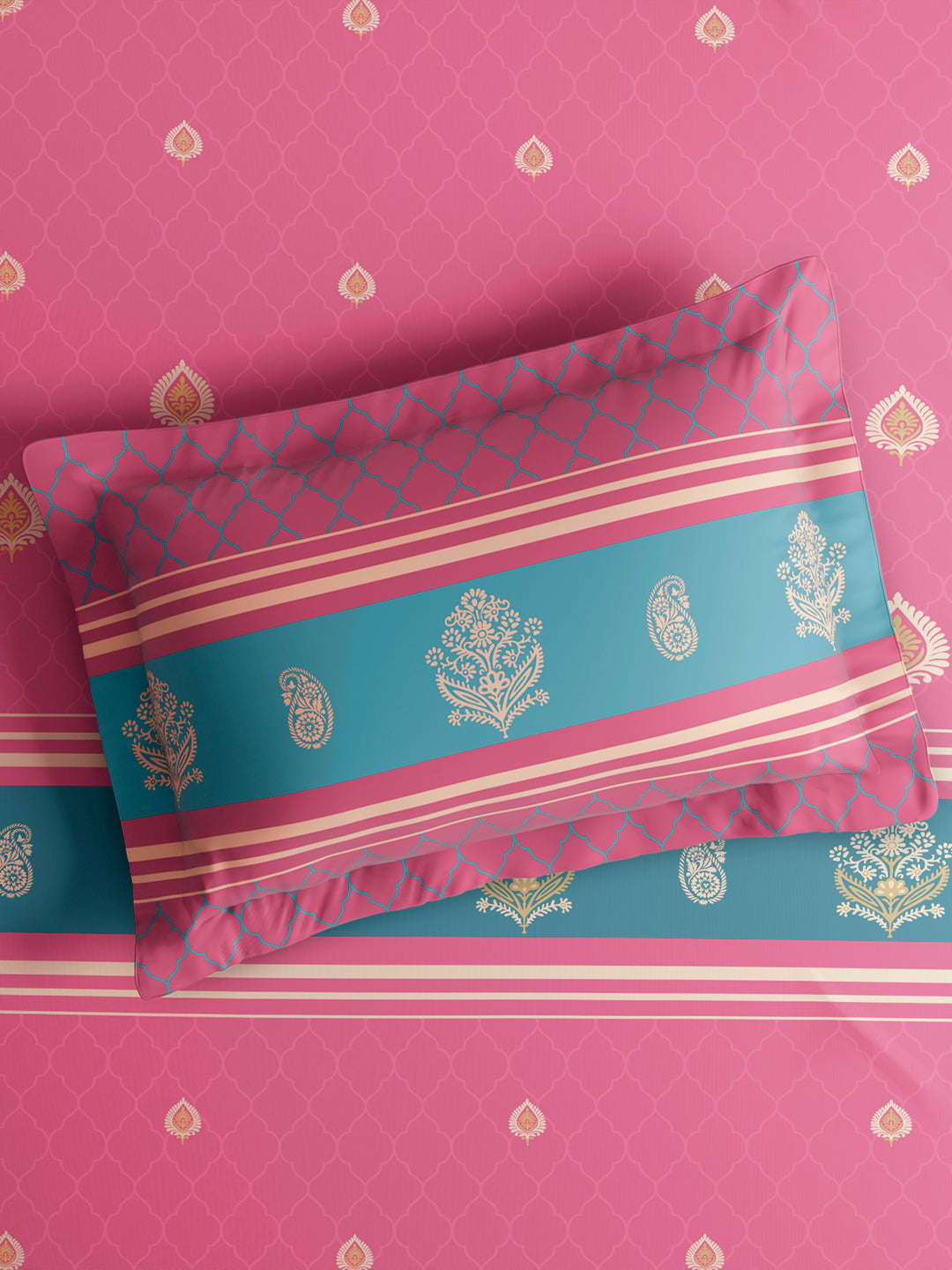 Embrace 100% Cotton King Bedsheet with 2 Pillow Covers | Pink & Blue Ethnic Print Bedsheet Set