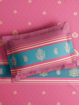 Embrace 100% Cotton King Bedsheet with 2 Pillow Covers | Pink & Blue Ethnic Print Bedsheet Set