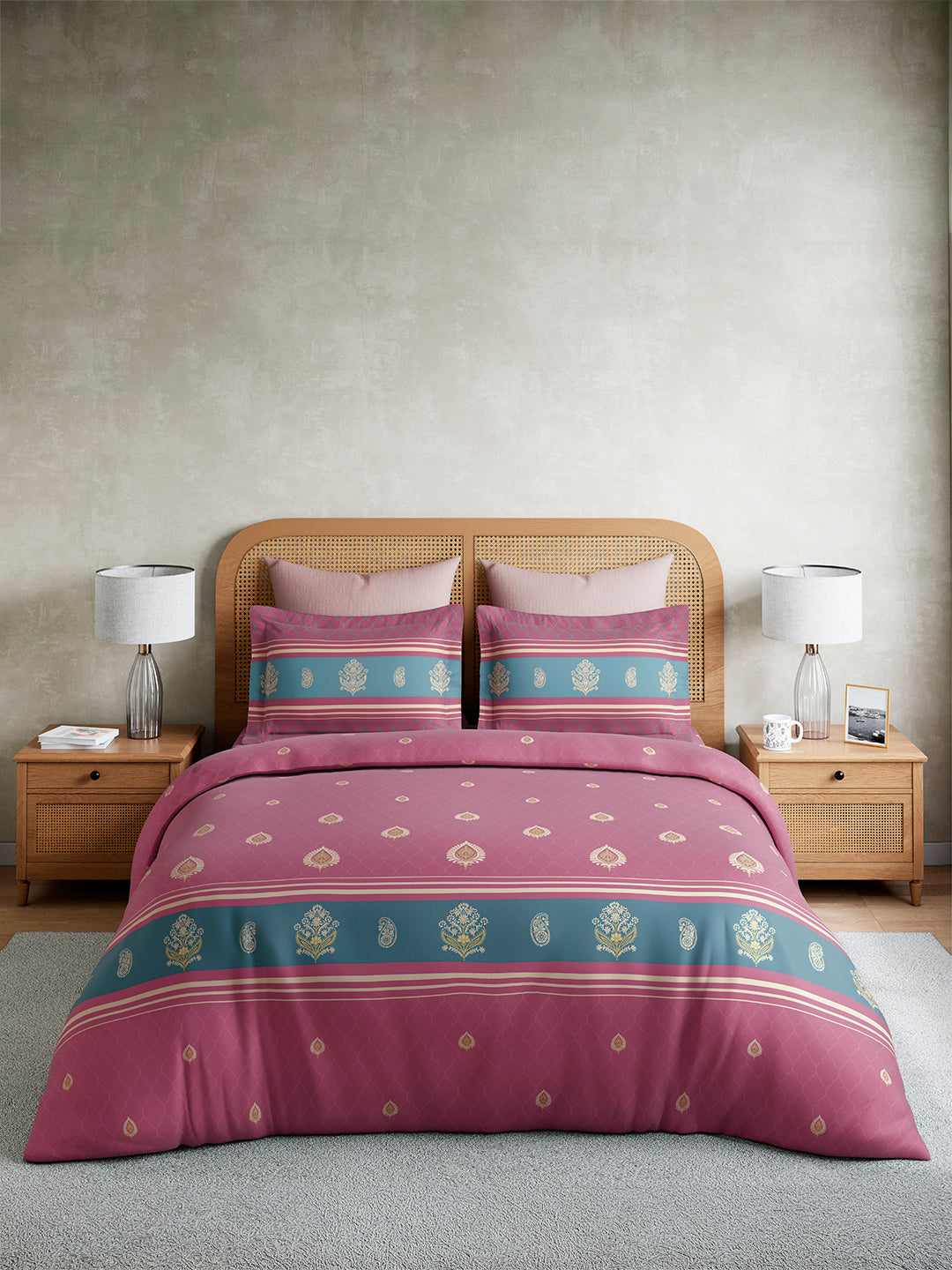 Embrace 100% Cotton King Bedsheet with 2 Pillow Covers | Pink & Blue Ethnic Print Bedsheet Set