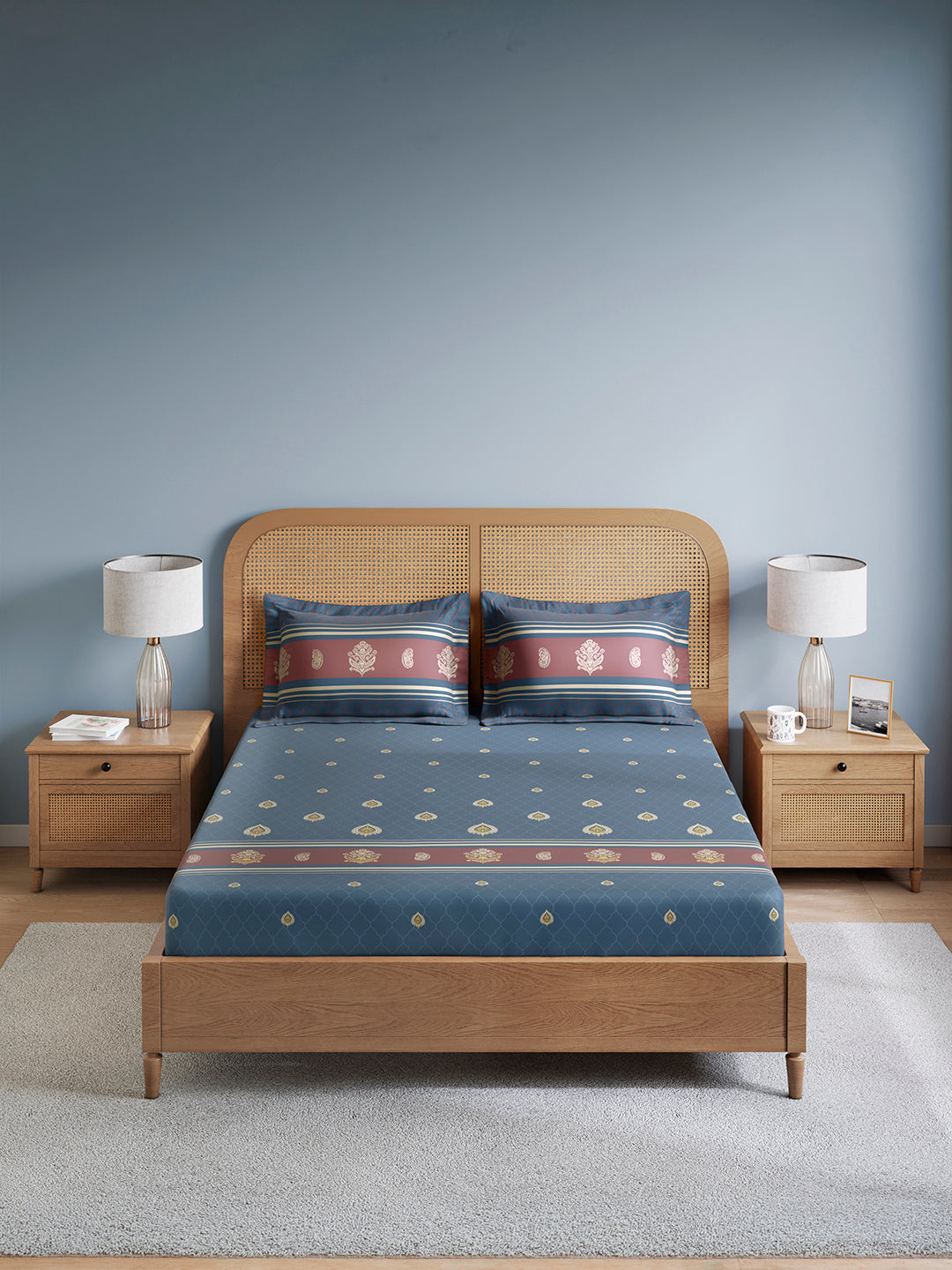 Embrace 100% Cotton King Bedsheet with 2 Pillow Covers | Navy Blue Ethnic Print Bedsheet Set