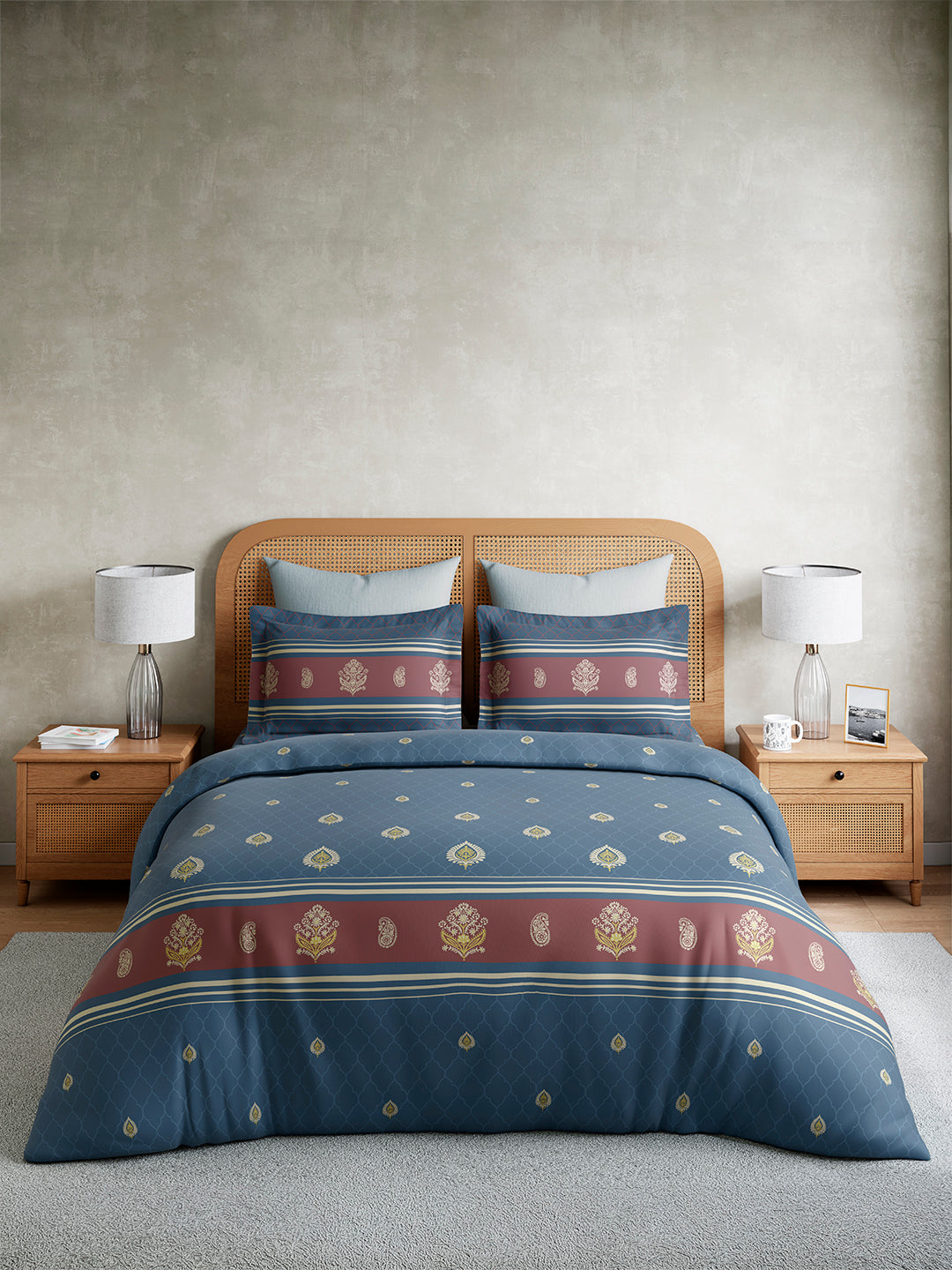 Embrace 100% Cotton King Bedsheet with 2 Pillow Covers | Navy Blue Ethnic Print Bedsheet Set