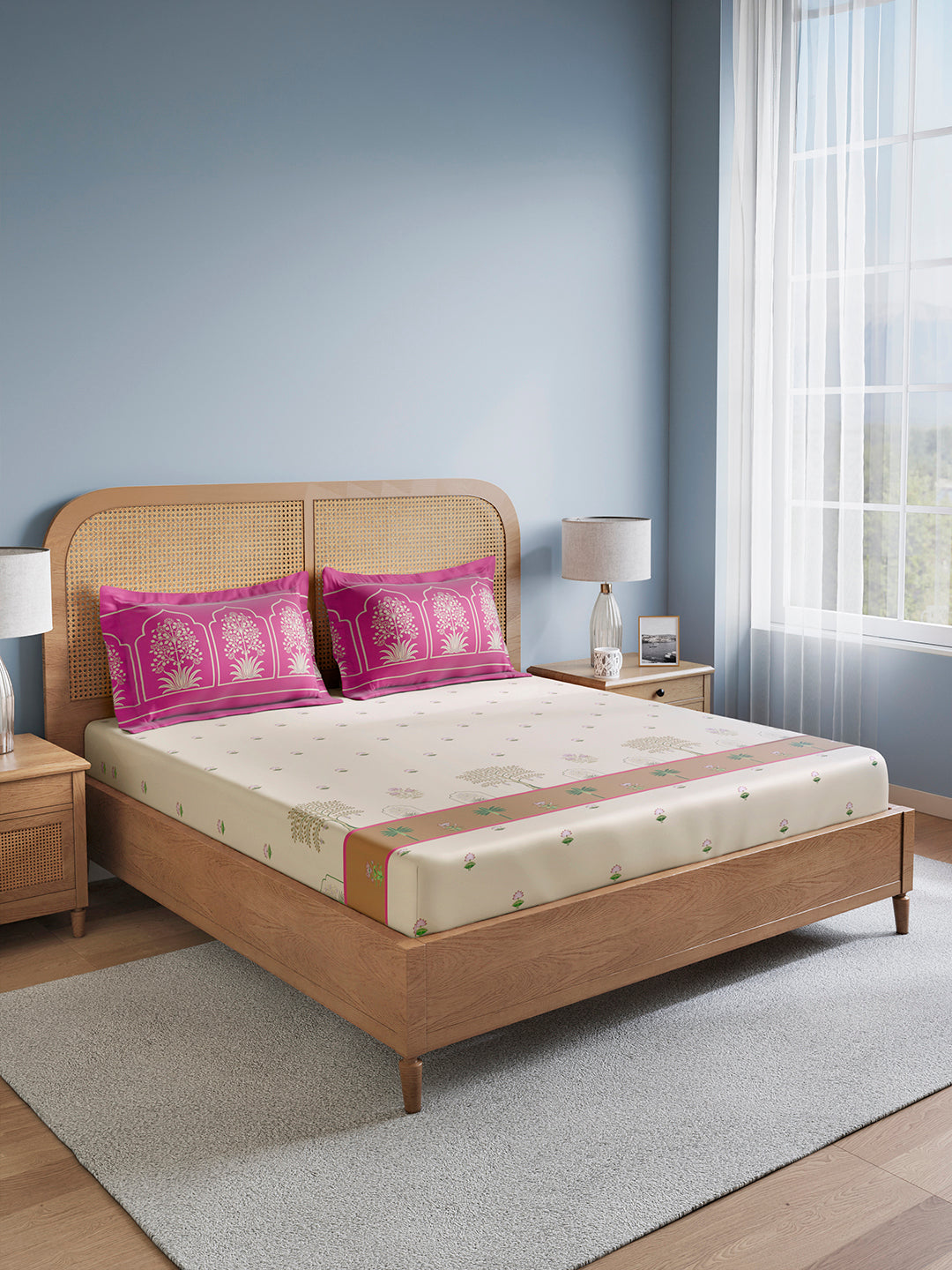 Embrace 100% Cotton King Bedsheet with 2 Pillow Covers | Pink & Beige Floral Bedsheet Set