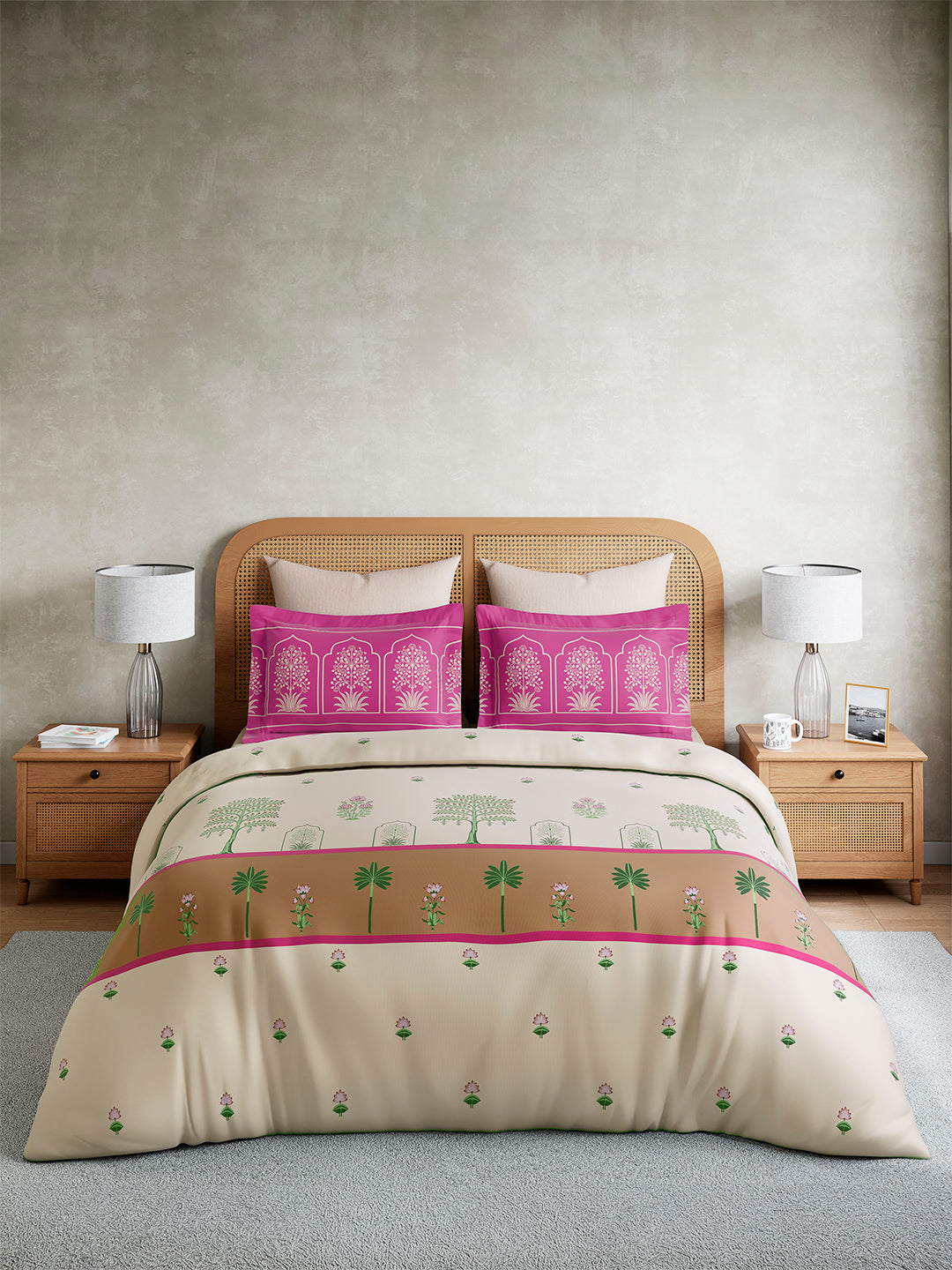 Embrace 100% Cotton King Bedsheet with 2 Pillow Covers | Pink & Beige Floral Bedsheet Set