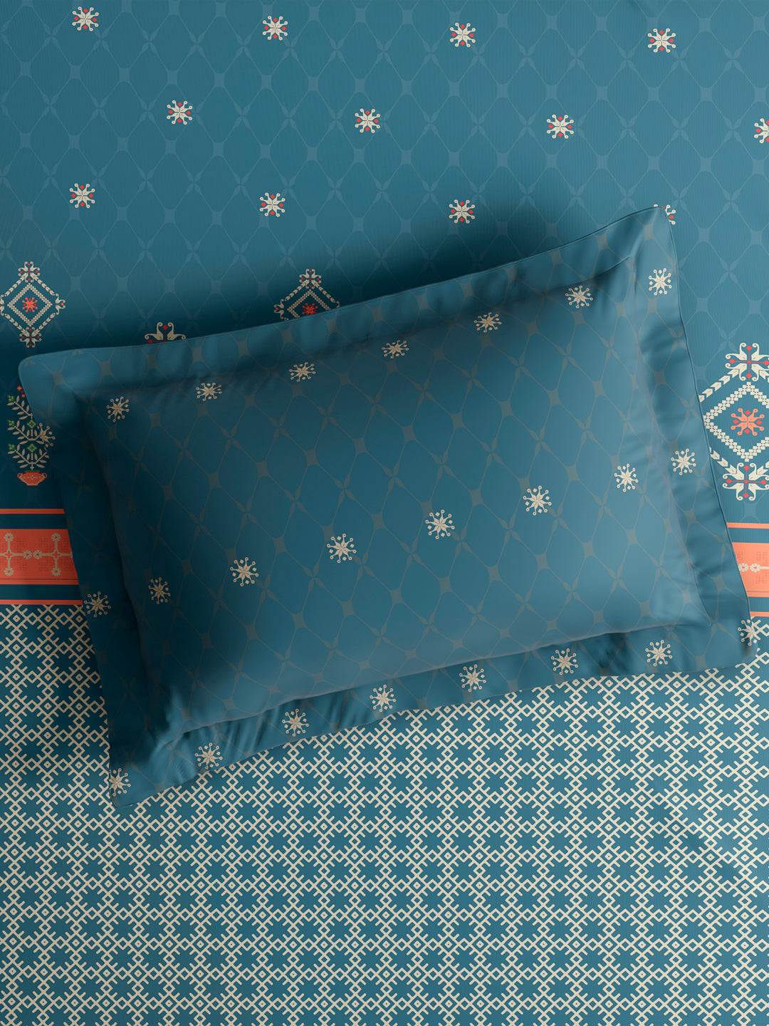 Embrace 100% Cotton King Bedsheet with 2 Pillow Covers | Blue Ethnic Print Bedsheet Set