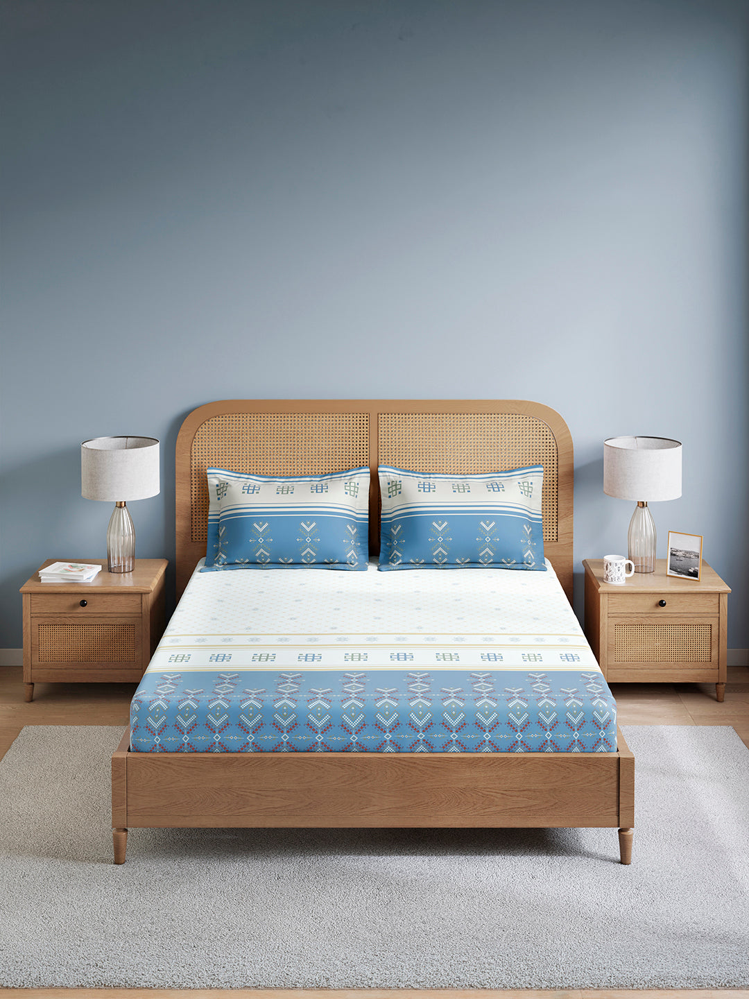 Embrace 100% Cotton King Bedsheet with 2 Pillow Covers | Blue Ethnic Print Bedsheet Set