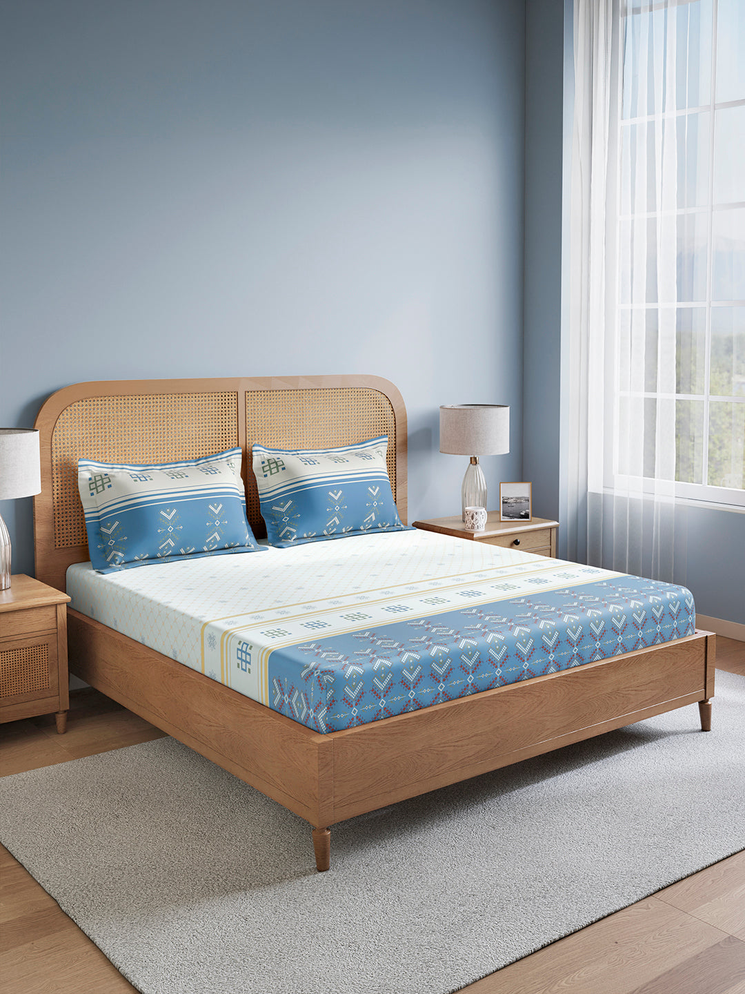 Embrace 100% Cotton King Bedsheet with 2 Pillow Covers | Blue Ethnic Print Bedsheet Set
