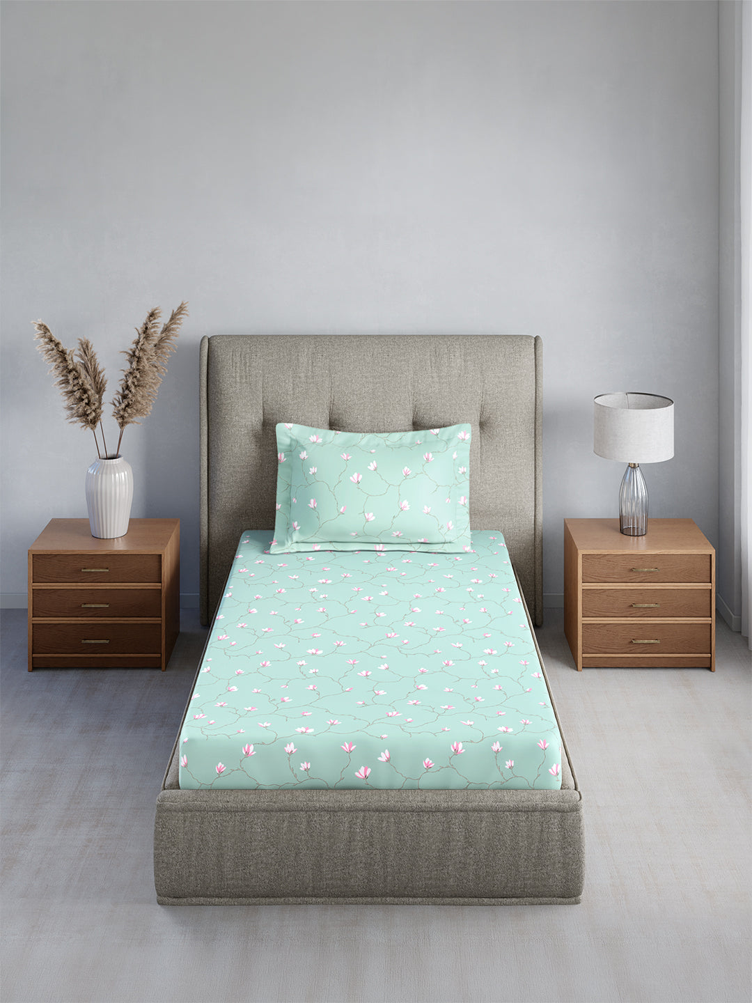 Cottage Garden 100% Cotton Single Bedsheet with 1 Pillow Cover | 300 TC Blue & Pink Floral Bedsheet Set