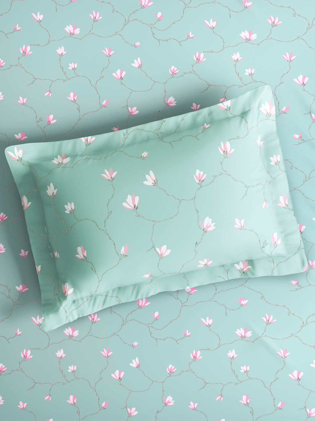 Cottage Garden 100% Cotton Single Bedsheet with 1 Pillow Cover | 300 TC Blue & Pink Floral Bedsheet Set