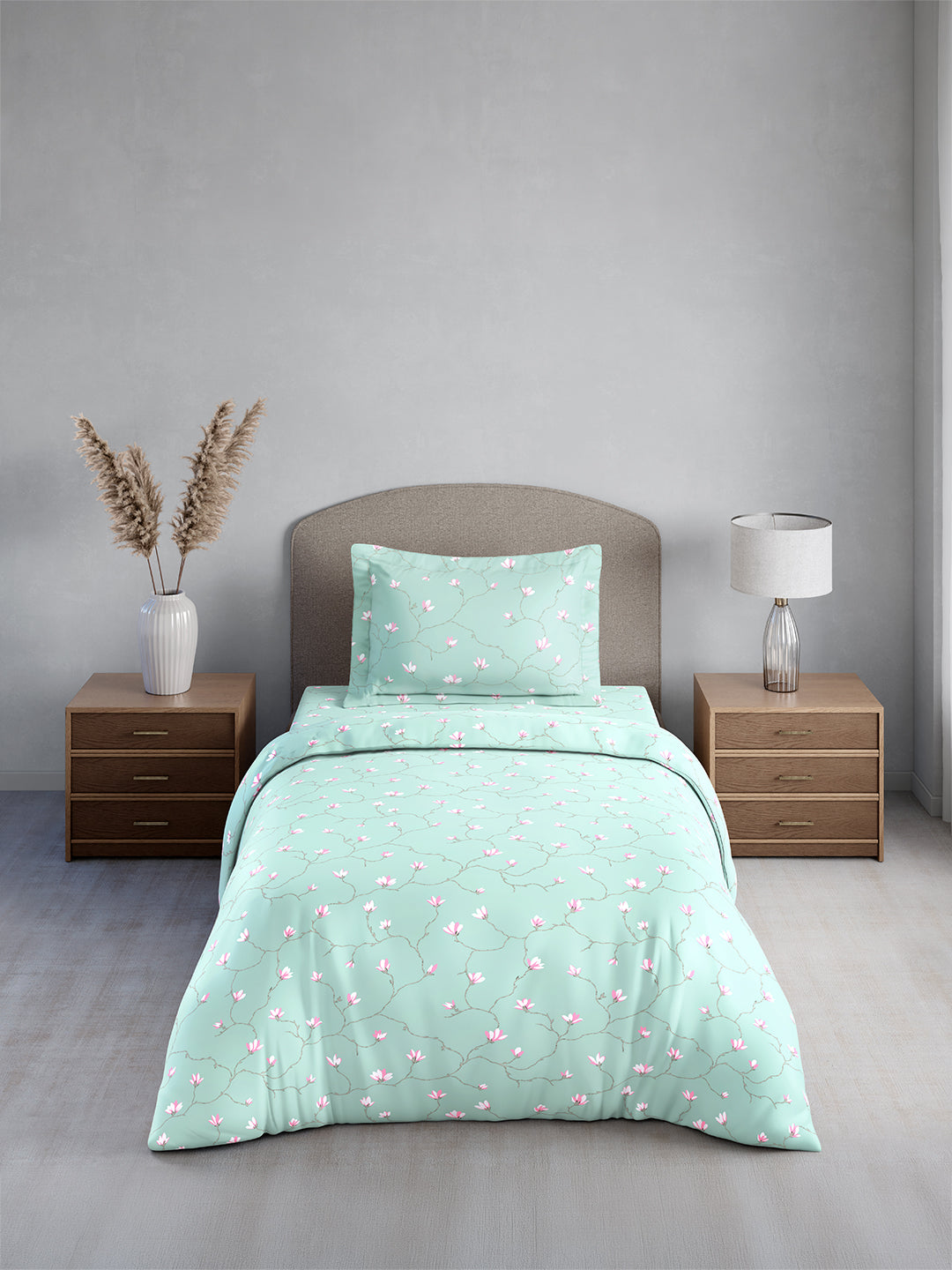 Cottage Garden 100% Cotton Single Bedsheet with 1 Pillow Cover | 300 TC Blue & Pink Floral Bedsheet Set