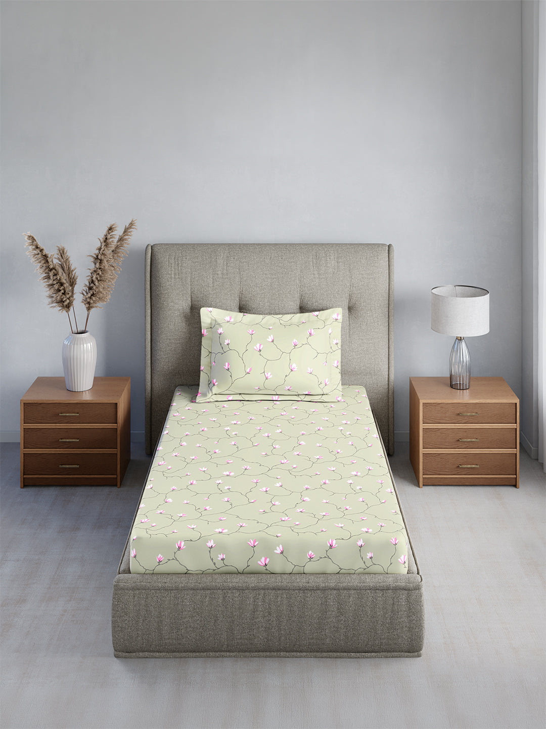 Cottage Garden 100% Cotton Single Bedsheet with 1 Pillow Cover | 300 TC Grey & Pink Floral Bedsheet Set