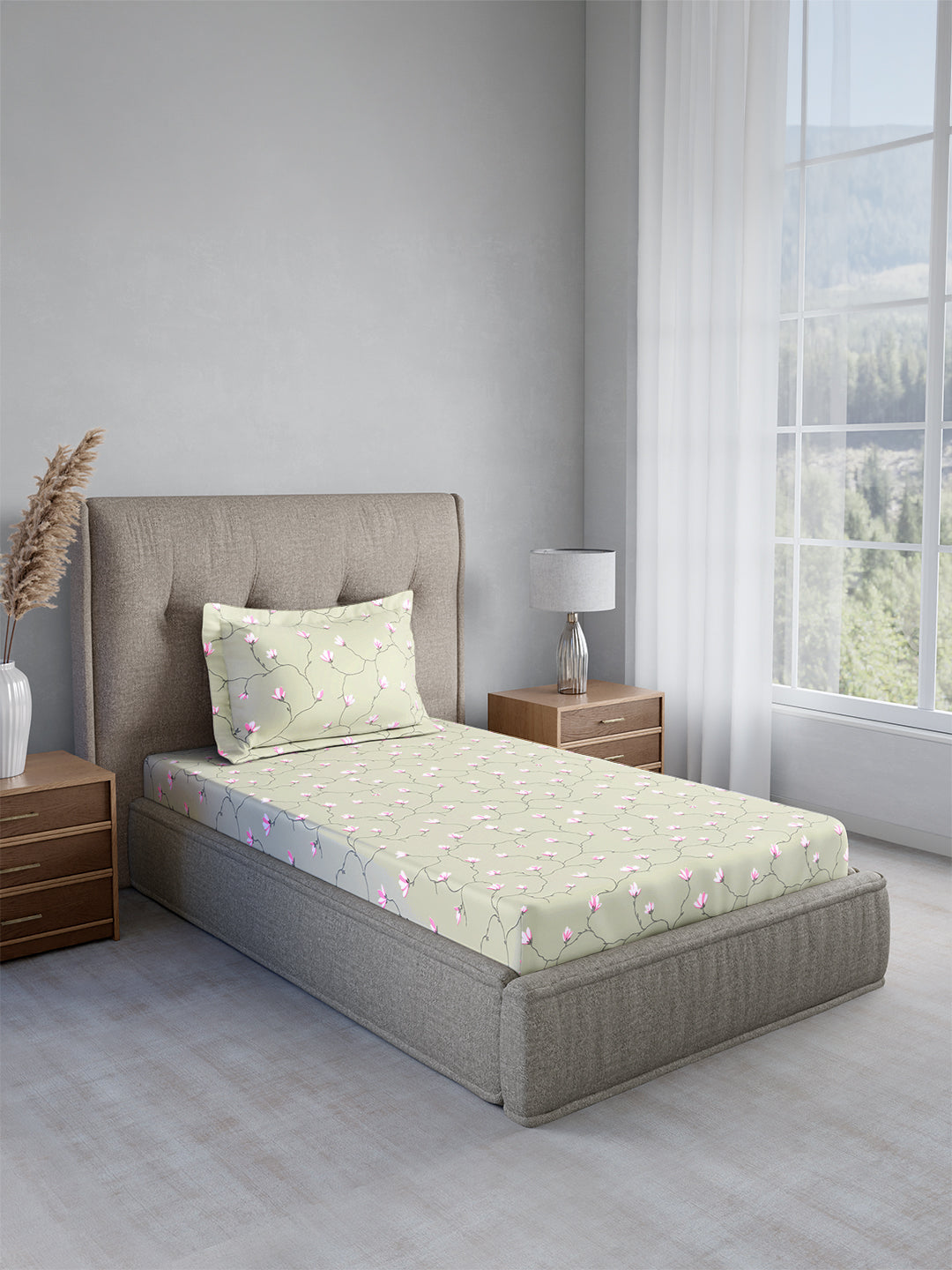 Cottage Garden 100% Cotton Single Bedsheet with 1 Pillow Cover | 300 TC Grey & Pink Floral Bedsheet Set