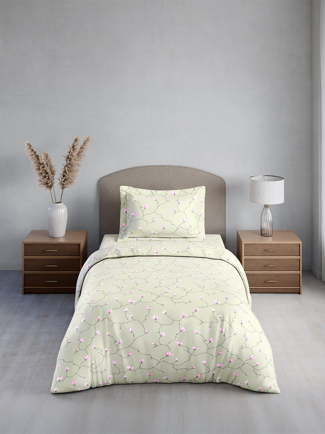 Cottage Garden 100% Cotton Single Bedsheet with 1 Pillow Cover | 300 TC Grey & Pink Floral Bedsheet Set