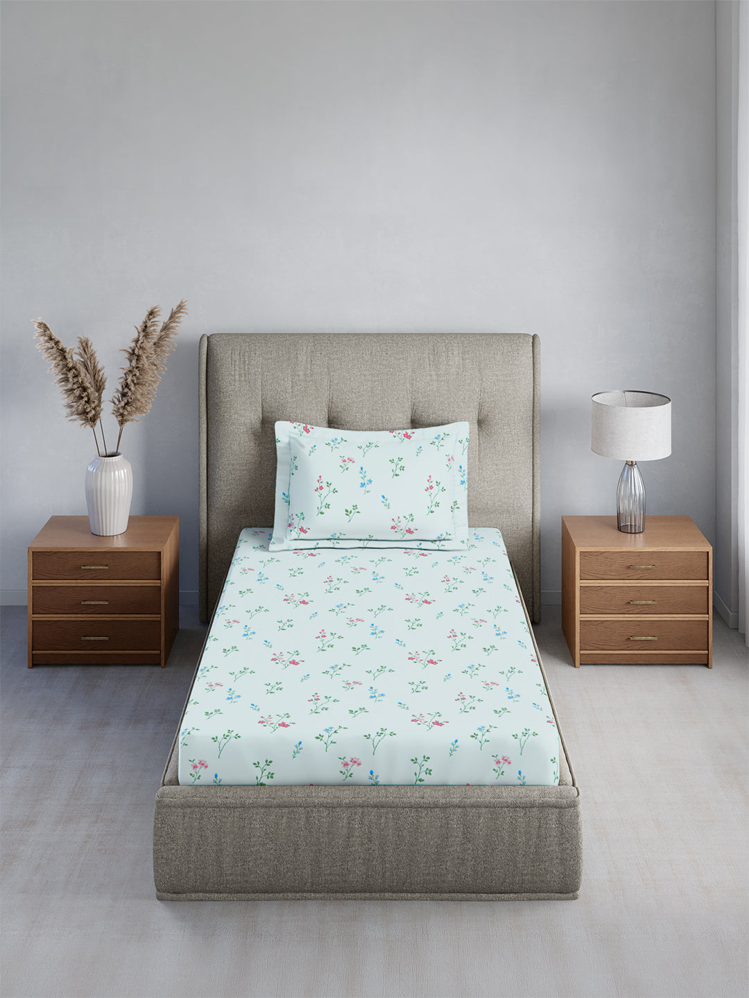 Cottage Garden 100% Cotton Single Bedsheet with 1 Pillow Cover | 300 TC Blue Floral Bedsheet Set