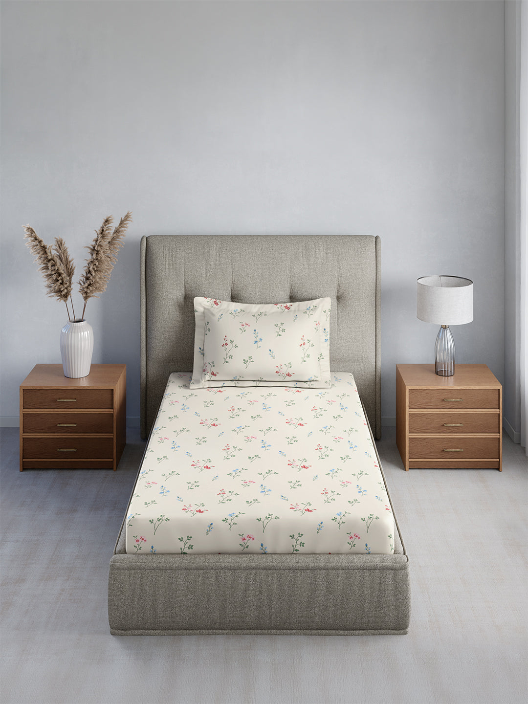Cottage Garden 100% Cotton Single Bedsheet with 1 Pillow Cover | 300 TC White Floral Bedsheet Set