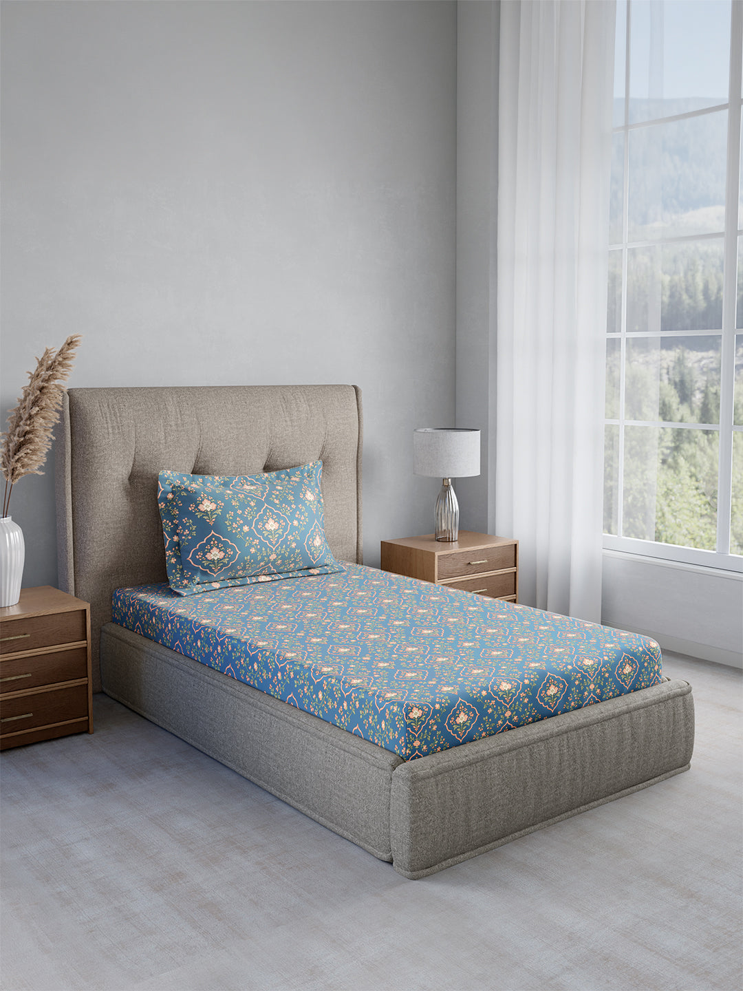 Cottage Garden 100% Cotton Single Bedsheet with 1 Pillow Cover | 300 TC Blue Floral Bedsheet Set