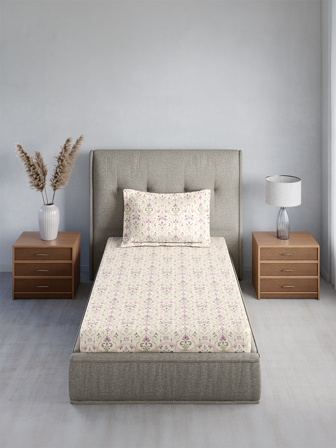 Cottage Garden 100% Cotton Single Bedsheet with 1 Pillow Cover | 300 TC Purple Ethnic Print Bedsheet Set