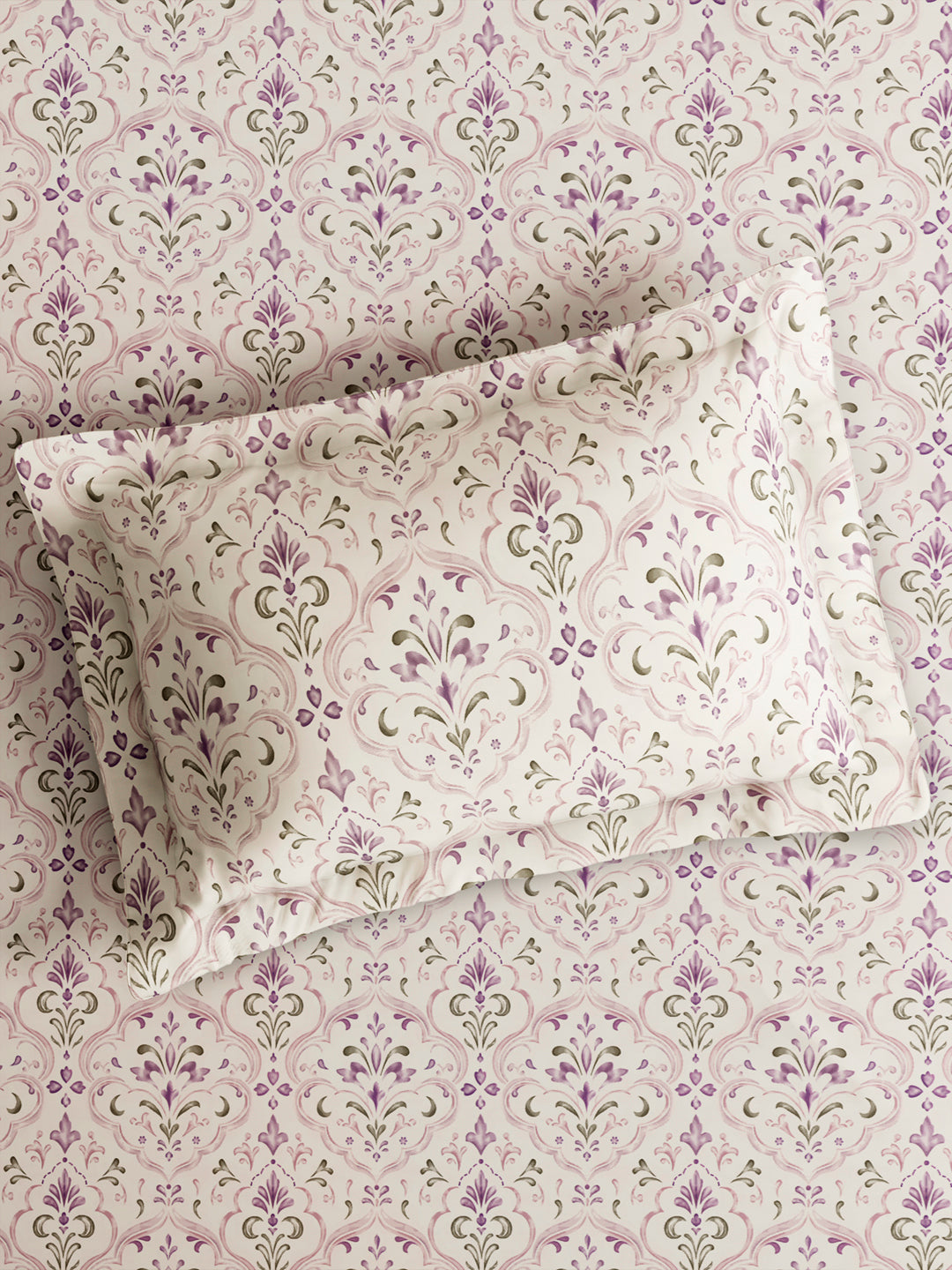 Cottage Garden 100% Cotton Single Bedsheet with 1 Pillow Cover | 300 TC Purple Ethnic Print Bedsheet Set
