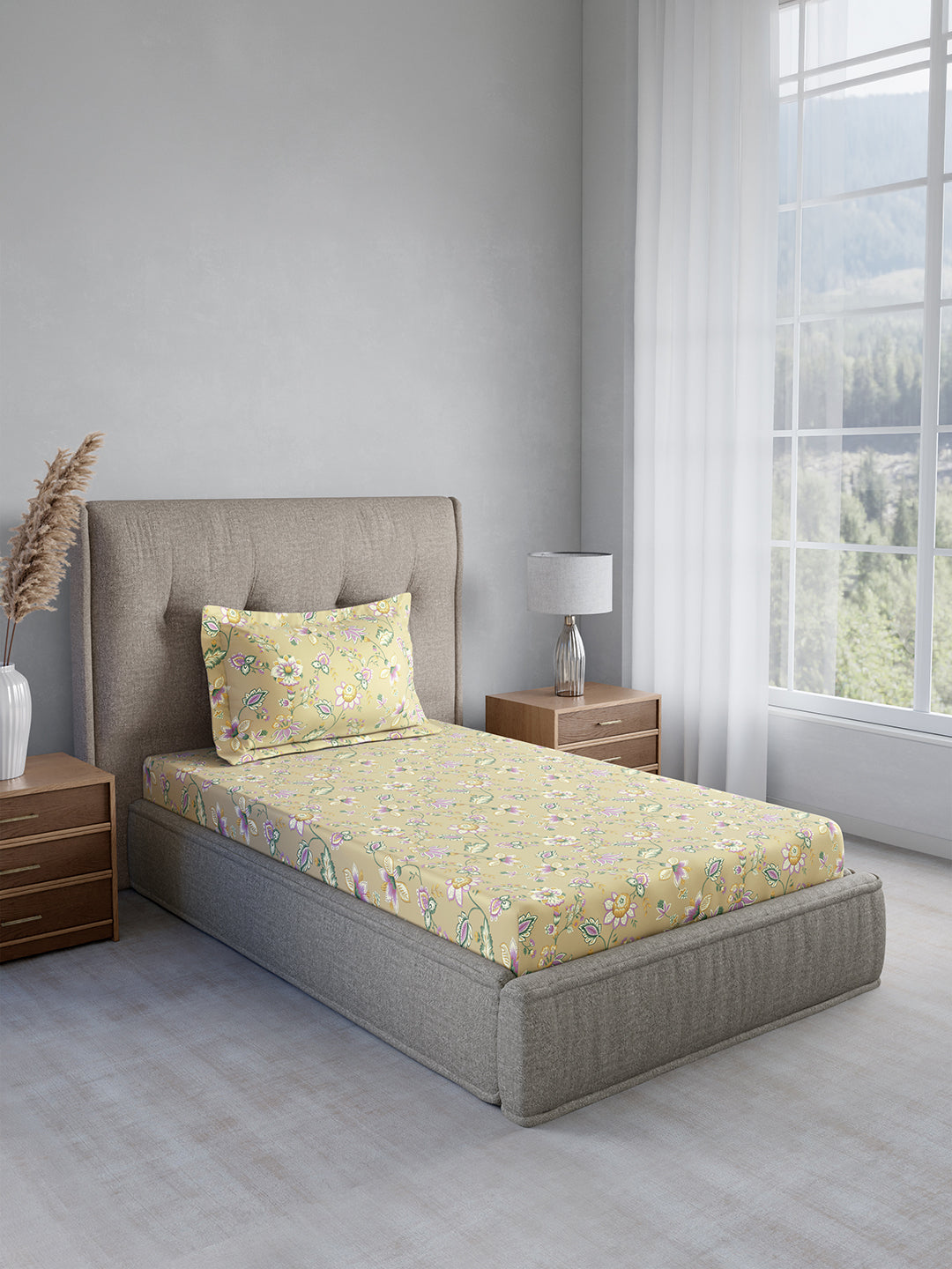 Cottage Garden 100% Cotton Single Bedsheet with 1 Pillow Cover | 300 TC Beige Floral Bedsheet Set