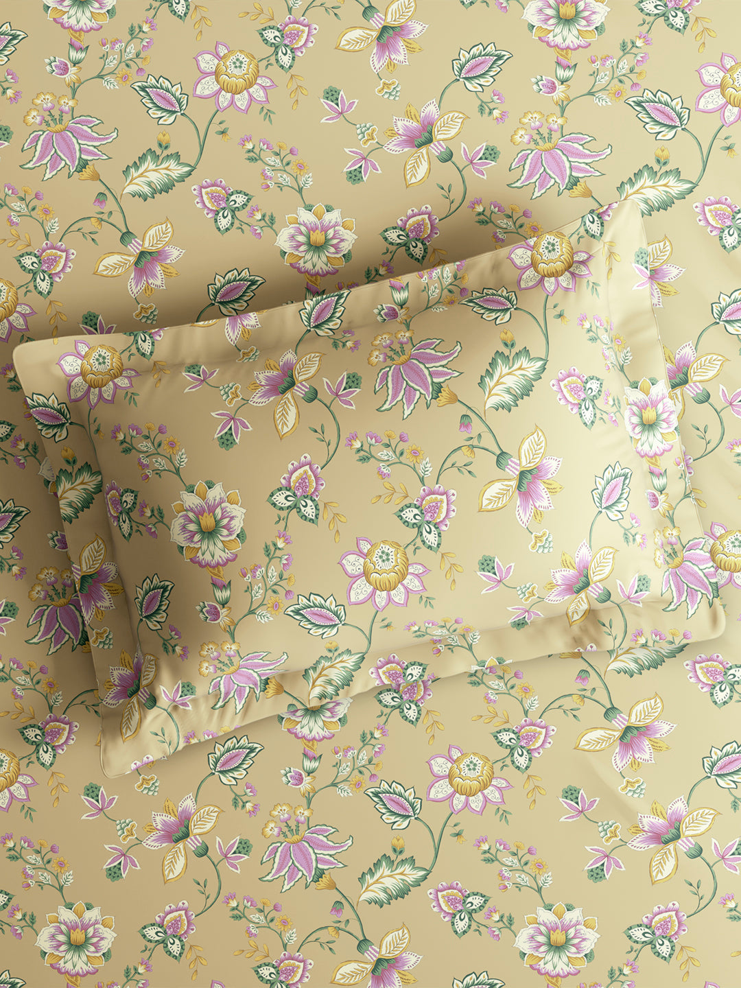 Cottage Garden 100% Cotton Single Bedsheet with 1 Pillow Cover | 300 TC Beige Floral Bedsheet Set