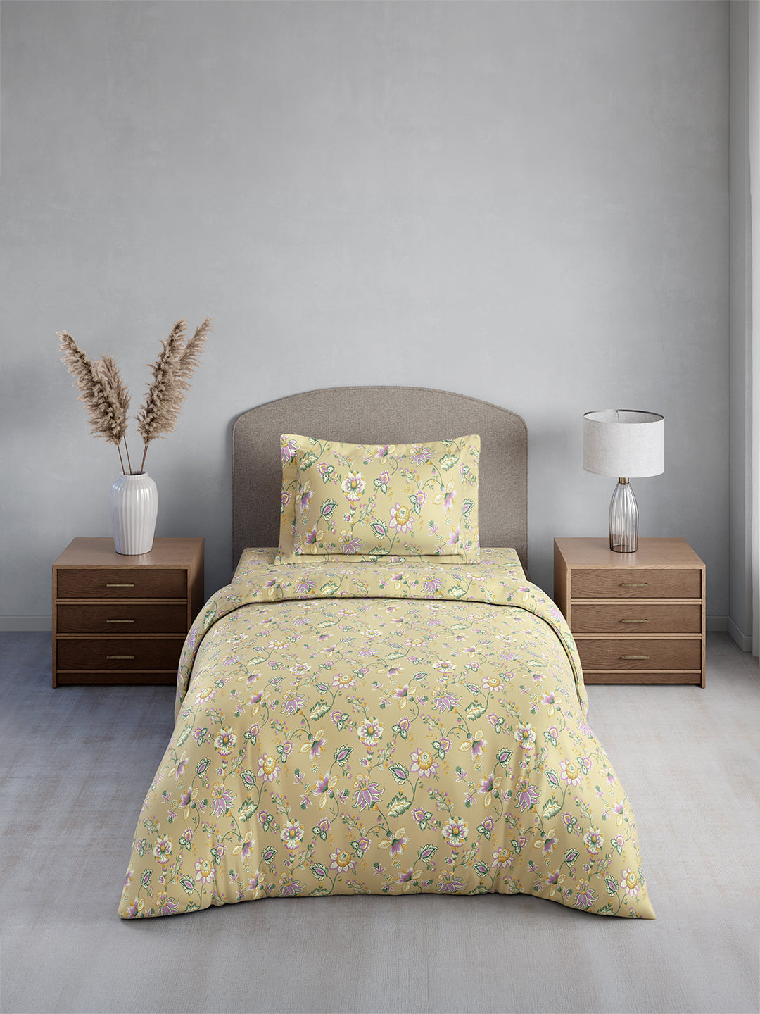 Cottage Garden 100% Cotton Single Bedsheet with 1 Pillow Cover | 300 TC Beige Floral Bedsheet Set
