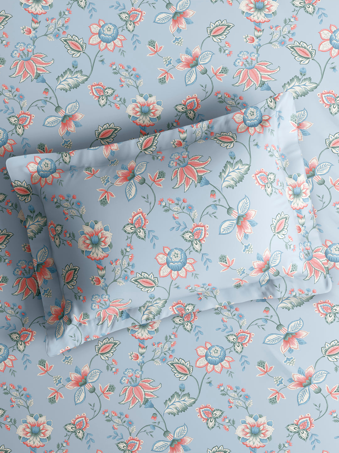 Cottage Garden 100% Cotton Single Bedsheet with 1 Pillow Cover | 300 TC Blue Floral Bedsheet Set