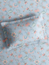 Cottage Garden 100% Cotton Single Bedsheet with 1 Pillow Cover | 300 TC Blue Floral Bedsheet Set