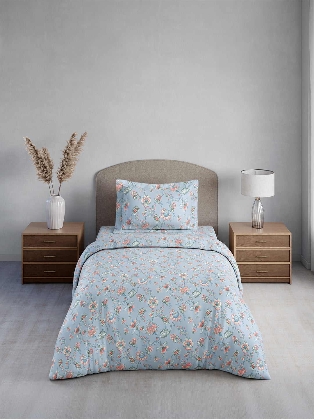 Cottage Garden 100% Cotton Single Bedsheet with 1 Pillow Cover | 300 TC Blue Floral Bedsheet Set