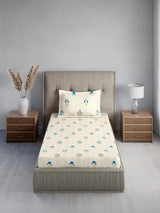 Cottage Garden 100% Cotton Single Bedsheet with 1 Pillow Cover | 300 TC White & Blue Floral Bedsheet Set