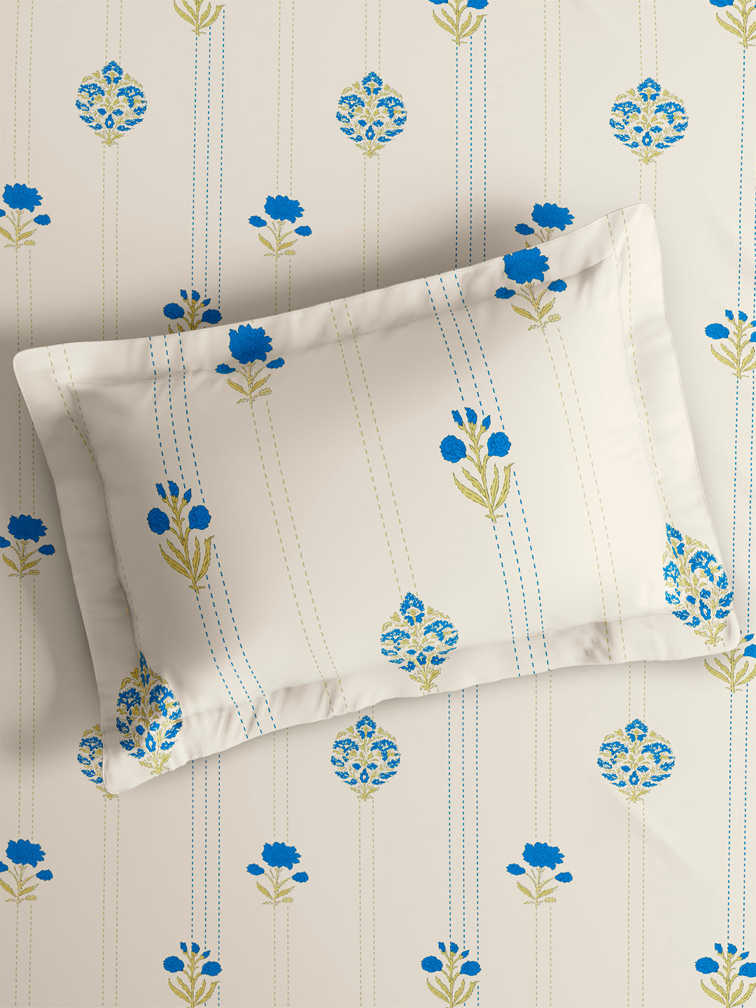 Cottage Garden 100% Cotton Single Bedsheet with 1 Pillow Cover | 300 TC White & Blue Floral Bedsheet Set