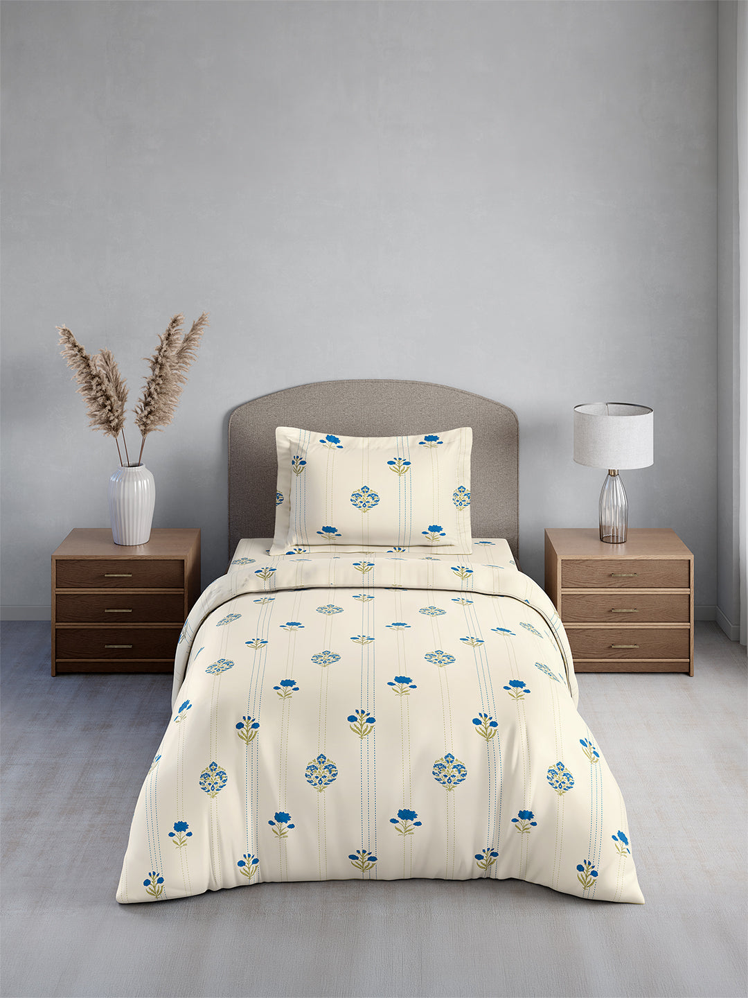 Cottage Garden 100% Cotton Single Bedsheet with 1 Pillow Cover | 300 TC White & Blue Floral Bedsheet Set