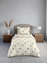 Cottage Garden 100% Cotton Single Bedsheet with 1 Pillow Cover | 300 TC White & Blue Floral Bedsheet Set