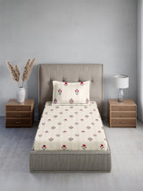 Cottage Garden 100% Cotton Single Bedsheet with 1 Pillow Cover | 300 TC White & Pink Floral Bedsheet Set