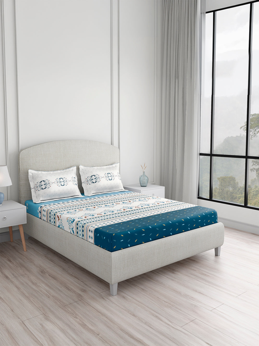 Valatia Tarang 100% Cotton King Bedsheet with 2 Pillow Covers | 200 TC Blue Ethnic Print Bedsheet Set