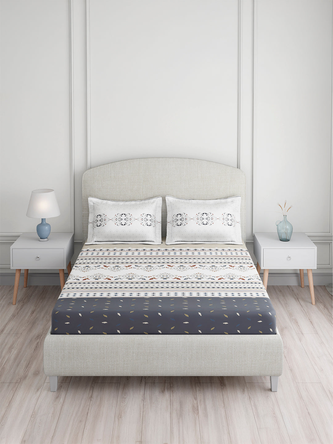 Valatia Tarang 100% Cotton King Bedsheet with 2 Pillow Covers | 200 TC Grey Ethnic Print Bedsheet Set