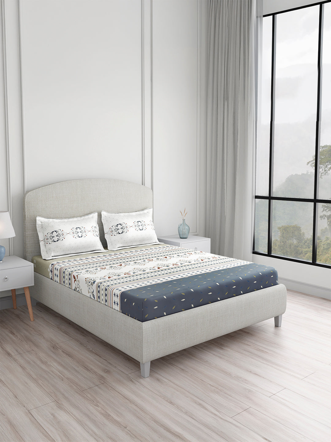 Valatia Tarang 100% Cotton King Bedsheet with 2 Pillow Covers | 200 TC Grey Ethnic Print Bedsheet Set