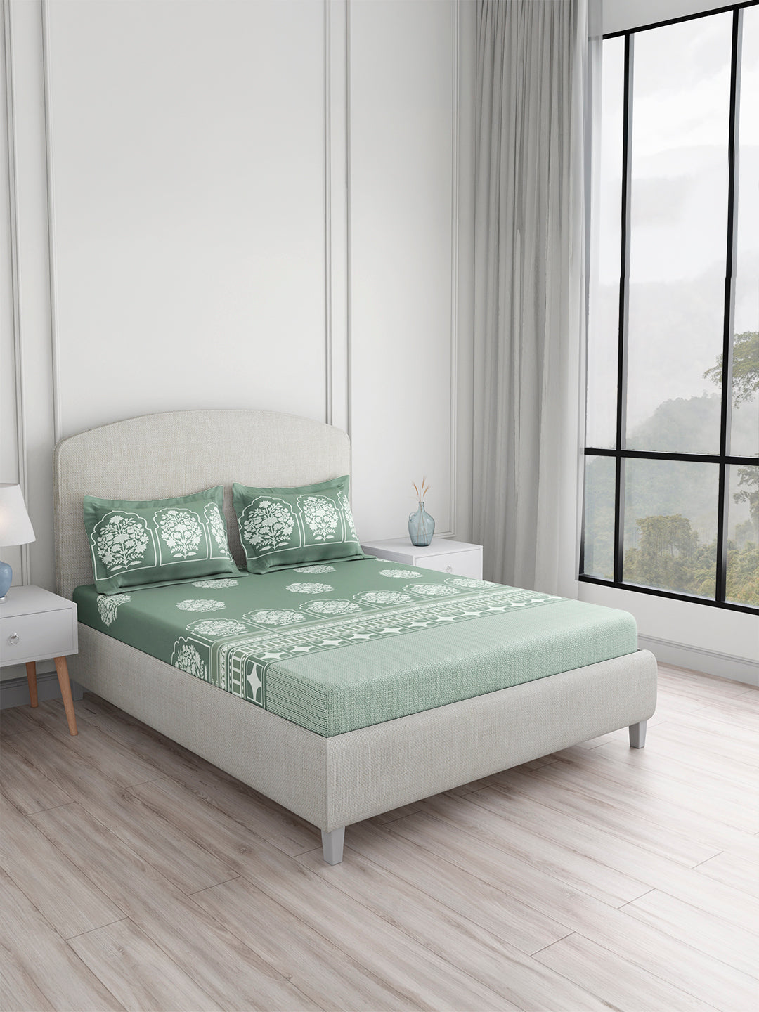 Valatia Tarang 100% Cotton King Bedsheet with 2 Pillow Covers | 200 TC Green Ethnic Print Bedsheet Set