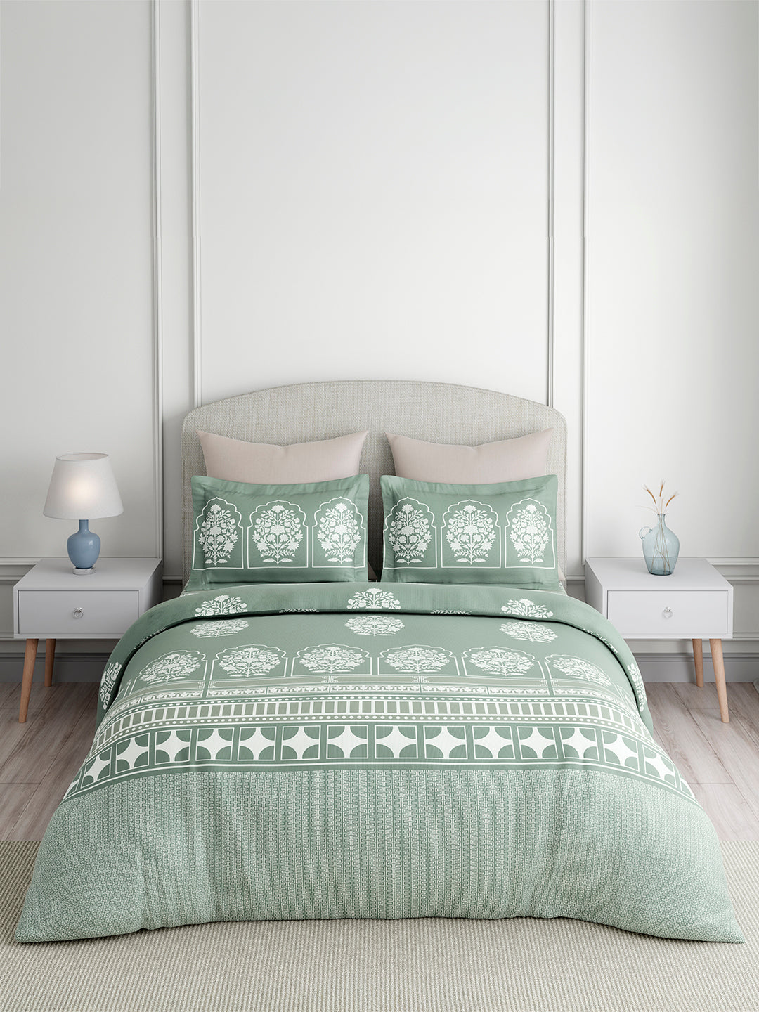 Valatia Tarang 100% Cotton King Bedsheet with 2 Pillow Covers | 200 TC Green Ethnic Print Bedsheet Set