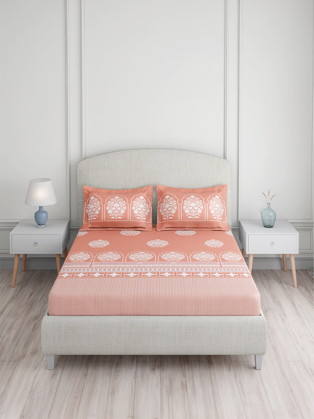Valatia Tarang 100% Cotton King Bedsheet with 2 Pillow Covers | 200 TC Orange Ethnic Print Bedsheet Set