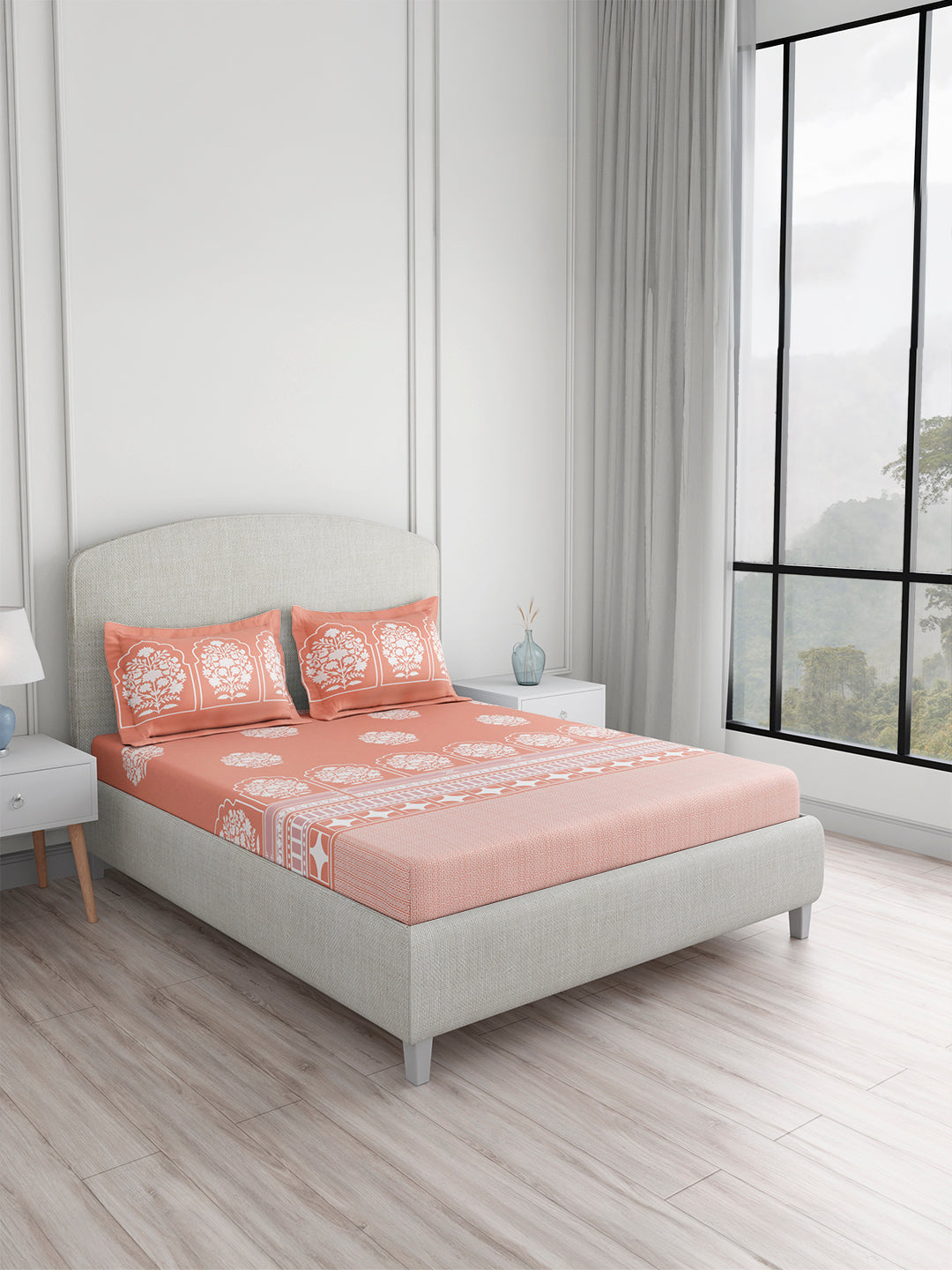 Valatia Tarang 100% Cotton King Bedsheet with 2 Pillow Covers | 200 TC Orange Ethnic Print Bedsheet Set