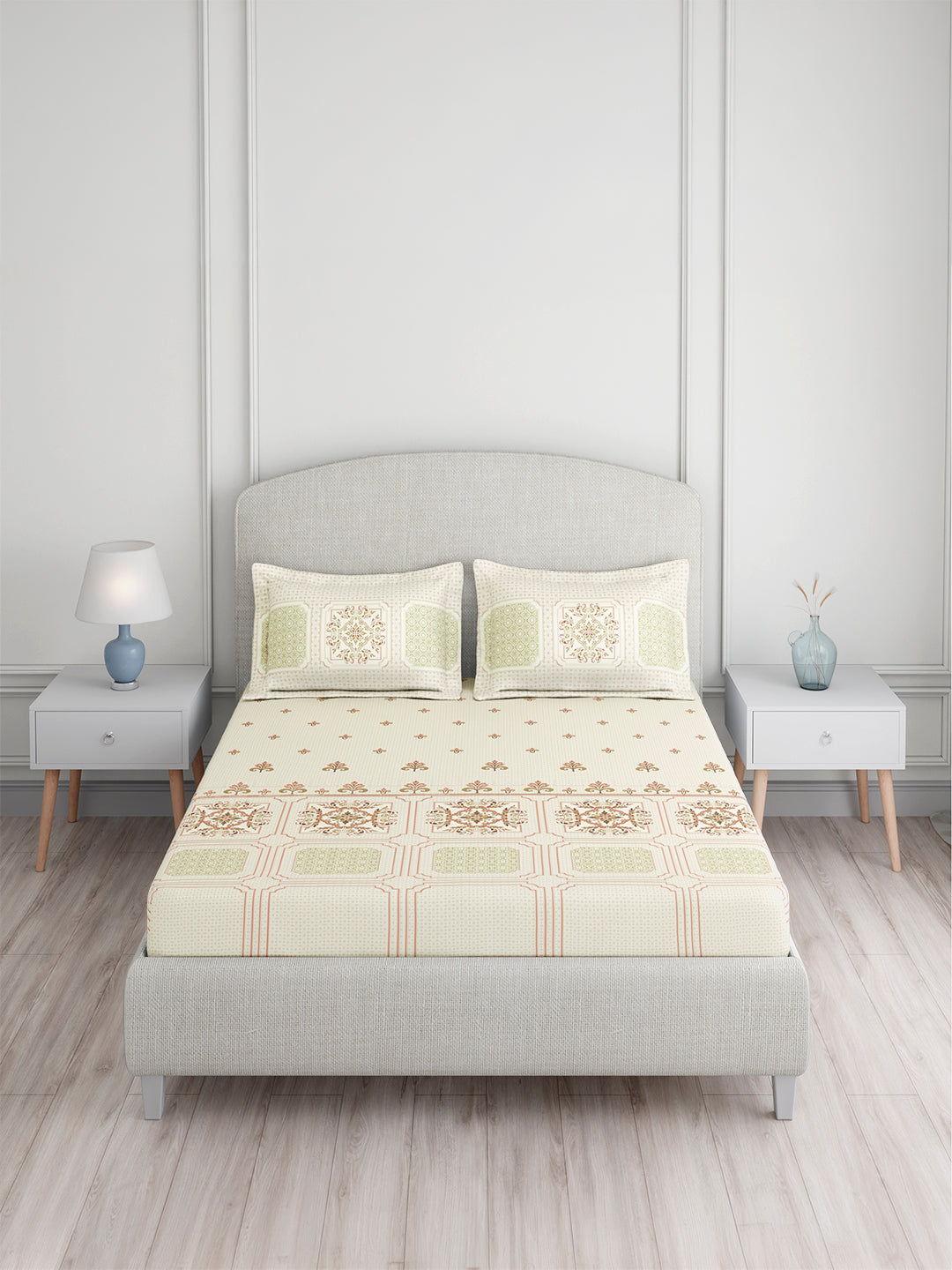 Valatia Tarang 100% Cotton King Bedsheet with 2 Pillow Covers | 200 TC Green Ethnic Print Bedsheet Set